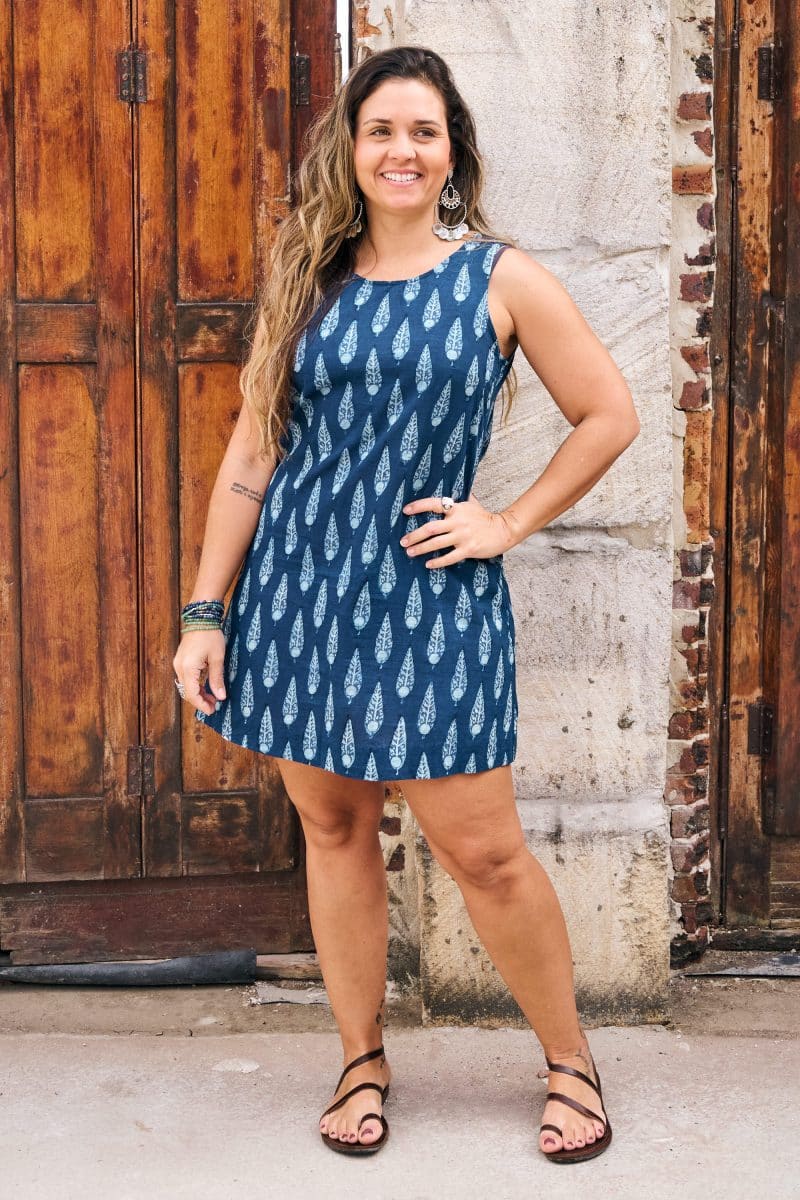 Womens, mini, Tivoli Dress, sleeveless, 100% Cotton, hand block print. Natural Indigo Blue - Indigo Nivara