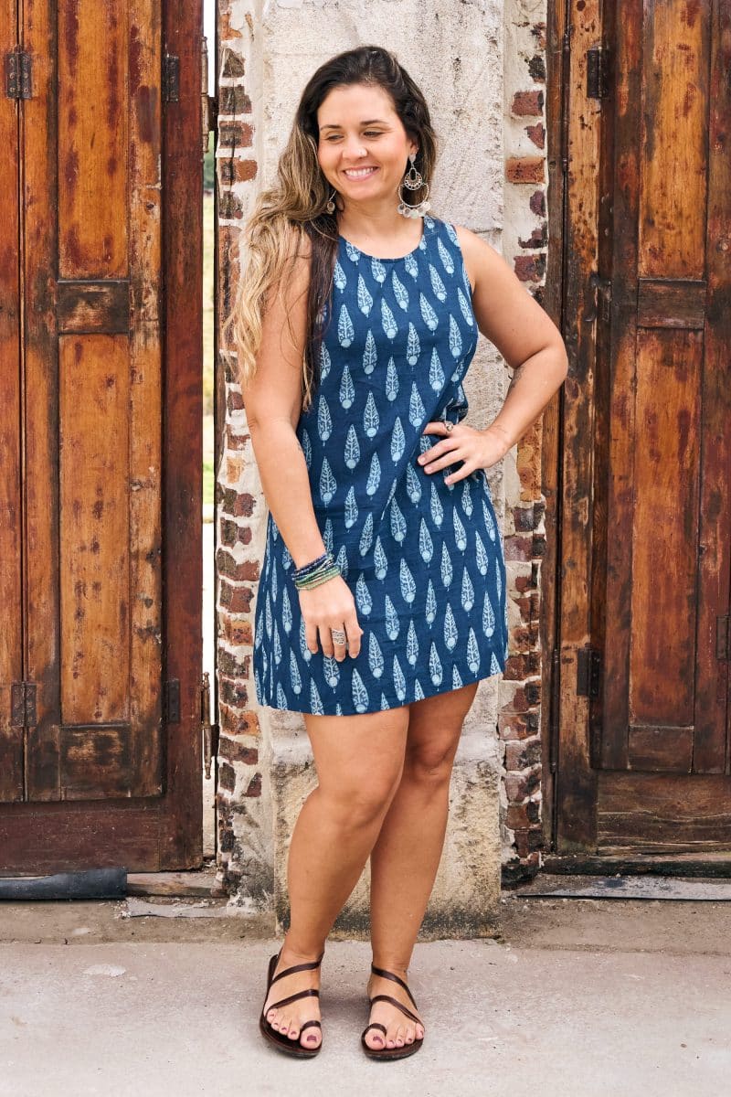 Womens, mini, Tivoli Dress, sleeveless, 100% Cotton, hand block print. Natural Indigo Blue - Indigo Nivara