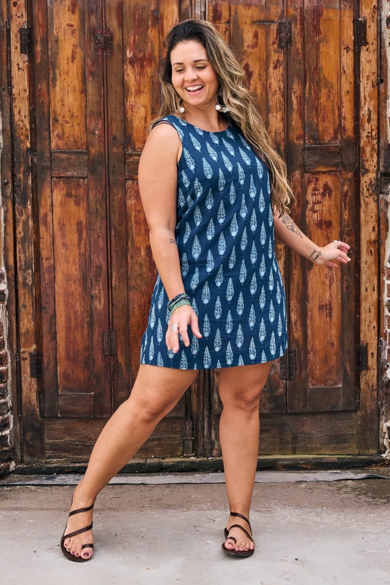 Womens, mini, Tivoli Dress, sleeveless, 100% Cotton, hand block print. Natural Indigo Blue - Indigo Nivara