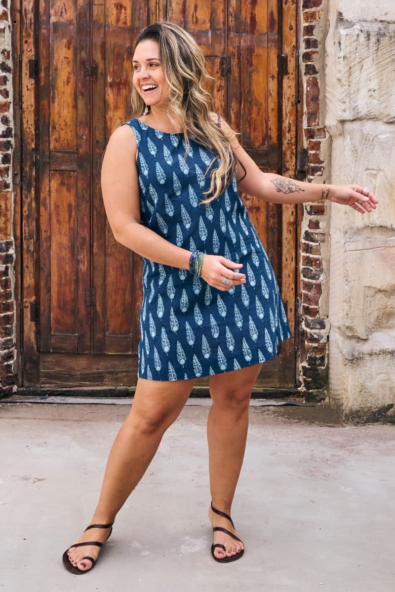 Womens, mini, Tivoli Dress, sleeveless, 100% Cotton, hand block print. Natural Indigo Blue - Indigo Nivara