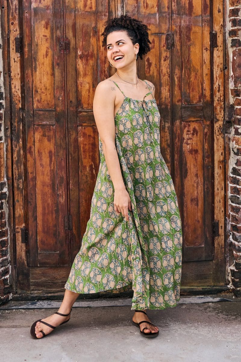 Womens, midi, maxi, Aveline Dress, spaghetti straps, spiral swing, 100% Cotton, hand block print. Green tones - Edentree