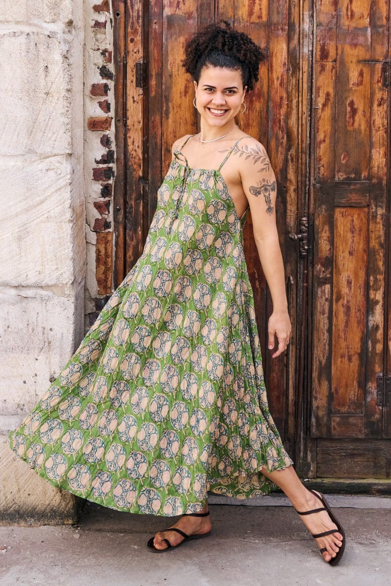 Womens, midi, maxi, Aveline Dress, spaghetti straps, spiral swing, 100% Cotton, hand block print. Green tones - Edentree