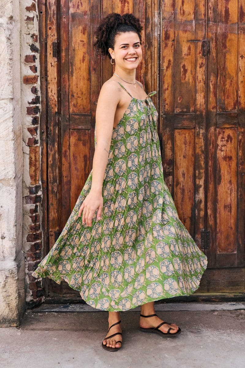 Womens, midi, maxi, Aveline Dress, spaghetti straps, spiral swing, 100% Cotton, hand block print. Green tones - Edentree