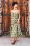 Womens, midi, maxi, Aveline Dress, spaghetti straps, spiral swing, 100% Cotton, hand block print. Green tones - Edentree