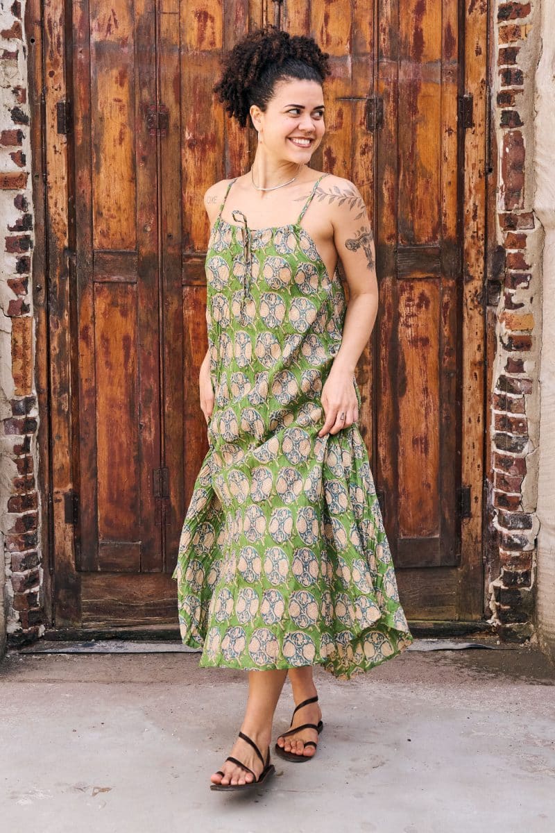 Womens, midi, maxi, Aveline Dress, spaghetti straps, spiral swing, 100% Cotton, hand block print. Green tones - Edentree