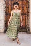 Womens, midi, maxi, Aveline Dress, spaghetti straps, spiral swing, 100% Cotton, hand block print. Green tones - Edentree