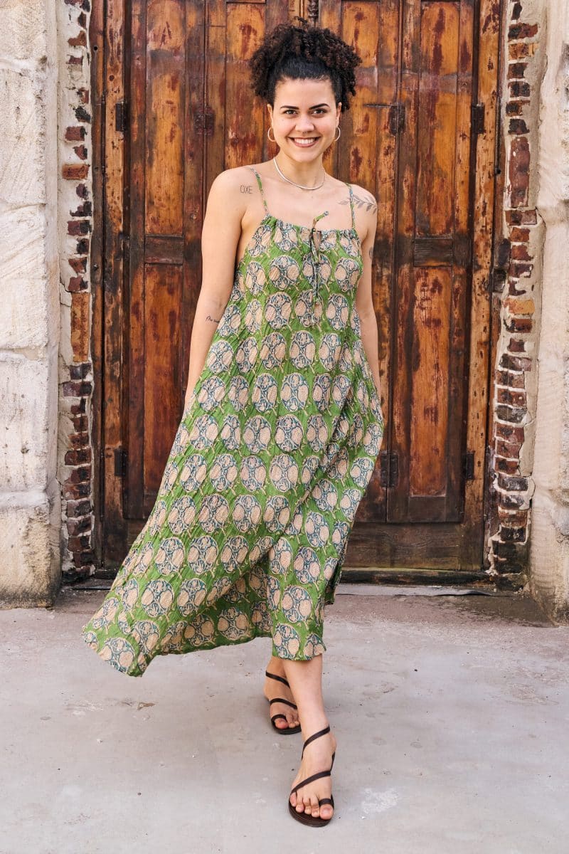Womens, midi, maxi, Aveline Dress, spaghetti straps, spiral swing, 100% Cotton, hand block print. Green tones - Edentree