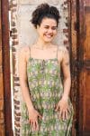 Womens, midi, maxi, Aveline Dress, spaghetti straps, spiral swing, 100% Cotton, hand block print. Green tones - Edentree