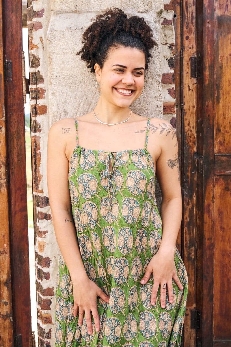 Womens, midi, maxi, Aveline Dress, spaghetti straps, spiral swing, 100% Cotton, hand block print. Green tones - Edentree
