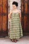 Womens, midi, maxi, Aveline Dress, spaghetti straps, spiral swing, 100% Cotton, hand block print. Green tones - Edentree