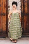Womens, midi, maxi, Aveline Dress, spaghetti straps, spiral swing, 100% Cotton, hand block print. Green tones - Edentree