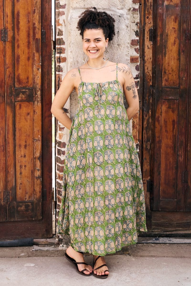 Womens, midi, maxi, Aveline Dress, spaghetti straps, spiral swing, 100% Cotton, hand block print. Green tones - Edentree