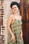 Womens, midi, maxi, Aveline Dress, spaghetti straps, spiral swing, 100% Cotton, hand block print. Green tones - Edentree
