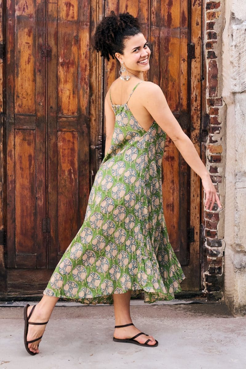 Womens, midi, maxi, Aveline Dress, spaghetti straps, spiral swing, 100% Cotton, hand block print. Green tones - Edentree