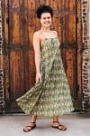 Womens, midi, maxi, Aveline Dress, spaghetti straps, spiral swing, 100% Cotton, hand block print. Green tones - Edentree