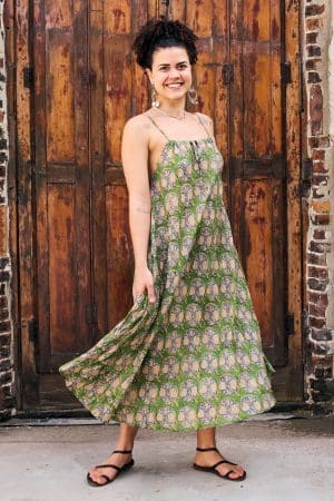 Womens, midi, maxi, Aveline Dress, spaghetti straps, spiral swing, 100% Cotton, hand block print. Green tones - Edentree
