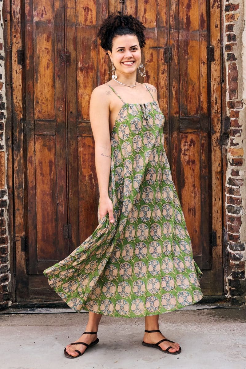 Womens, midi, maxi, Aveline Dress, spaghetti straps, spiral swing, 100% Cotton, hand block print. Green tones - Edentree