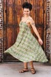 Womens, midi, maxi, Aveline Dress, spaghetti straps, spiral swing, 100% Cotton, hand block print. Green tones - Edentree