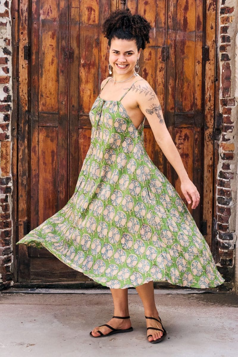 Womens, midi, maxi, Aveline Dress, spaghetti straps, spiral swing, 100% Cotton, hand block print. Green tones - Edentree