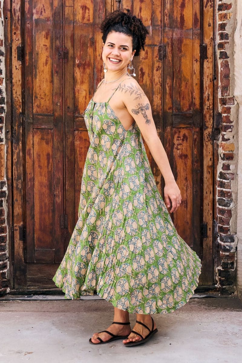 Womens, midi, maxi, Aveline Dress, spaghetti straps, spiral swing, 100% Cotton, hand block print. Green tones - Edentree