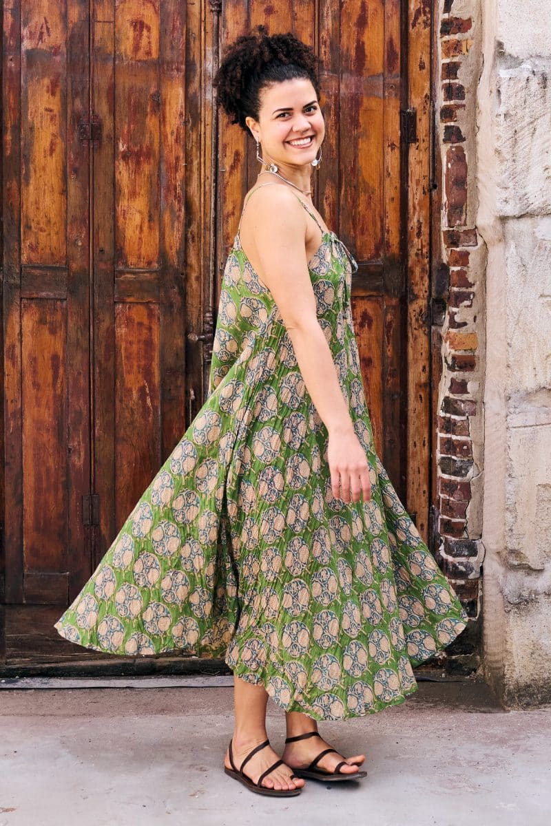 Womens, midi, maxi, Aveline Dress, spaghetti straps, spiral swing, 100% Cotton, hand block print. Green tones - Edentree