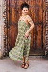 Womens, midi, maxi, Aveline Dress, spaghetti straps, spiral swing, 100% Cotton, hand block print. Green tones - Edentree
