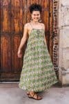 Womens, midi, maxi, Aveline Dress, spaghetti straps, spiral swing, 100% Cotton, hand block print. Green tones - Edentree