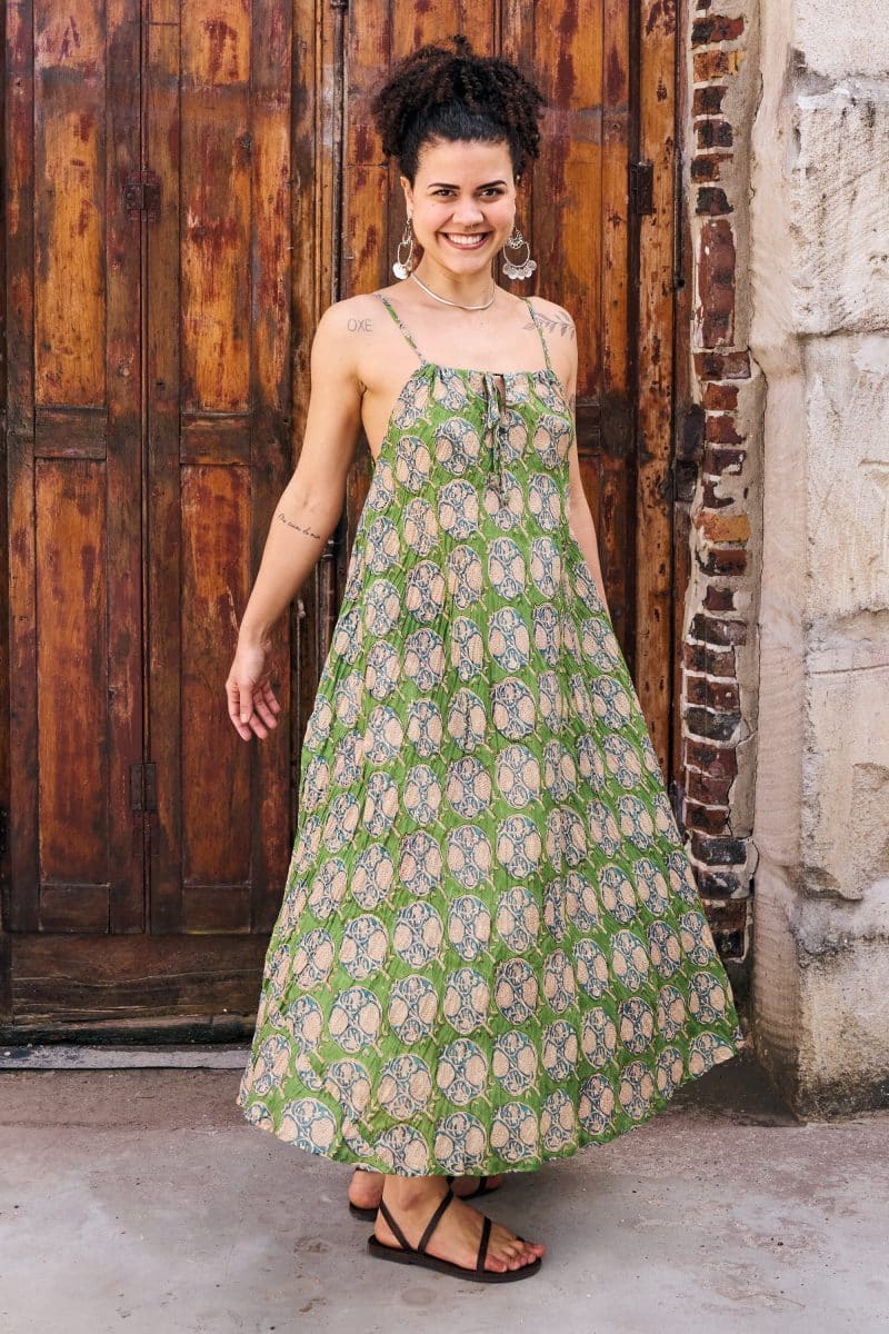 Womens, midi, maxi, Aveline Dress, spaghetti straps, spiral swing, 100% Cotton, hand block print. Green tones - Edentree