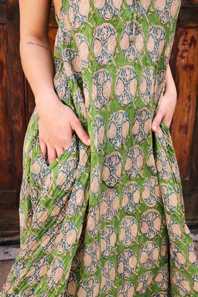 Womens, midi, maxi, Aveline Dress, spaghetti straps, spiral swing, 100% Cotton, hand block print. Green tones - Edentree