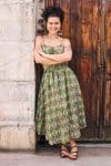 Womens, midi, maxi, Aveline Dress, spaghetti straps, spiral swing, 100% Cotton, hand block print. Green tones - Edentree