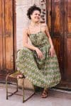 Womens, midi, maxi, Aveline Dress, spaghetti straps, spiral swing, 100% Cotton, hand block print. Green tones - Edentree