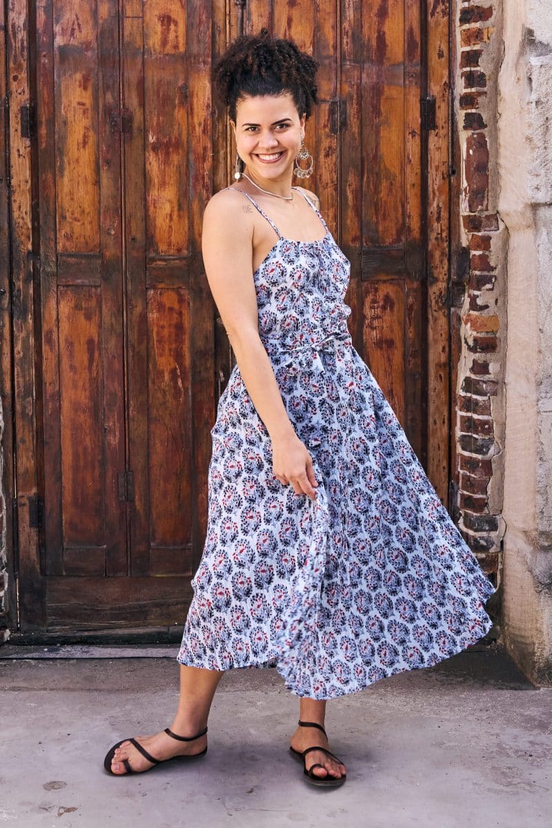 Womens, midi, maxi, Aveline Dress, spaghetti straps, spiral swing, 100% Cotton, hand block print. Saphire Blue - Saphira