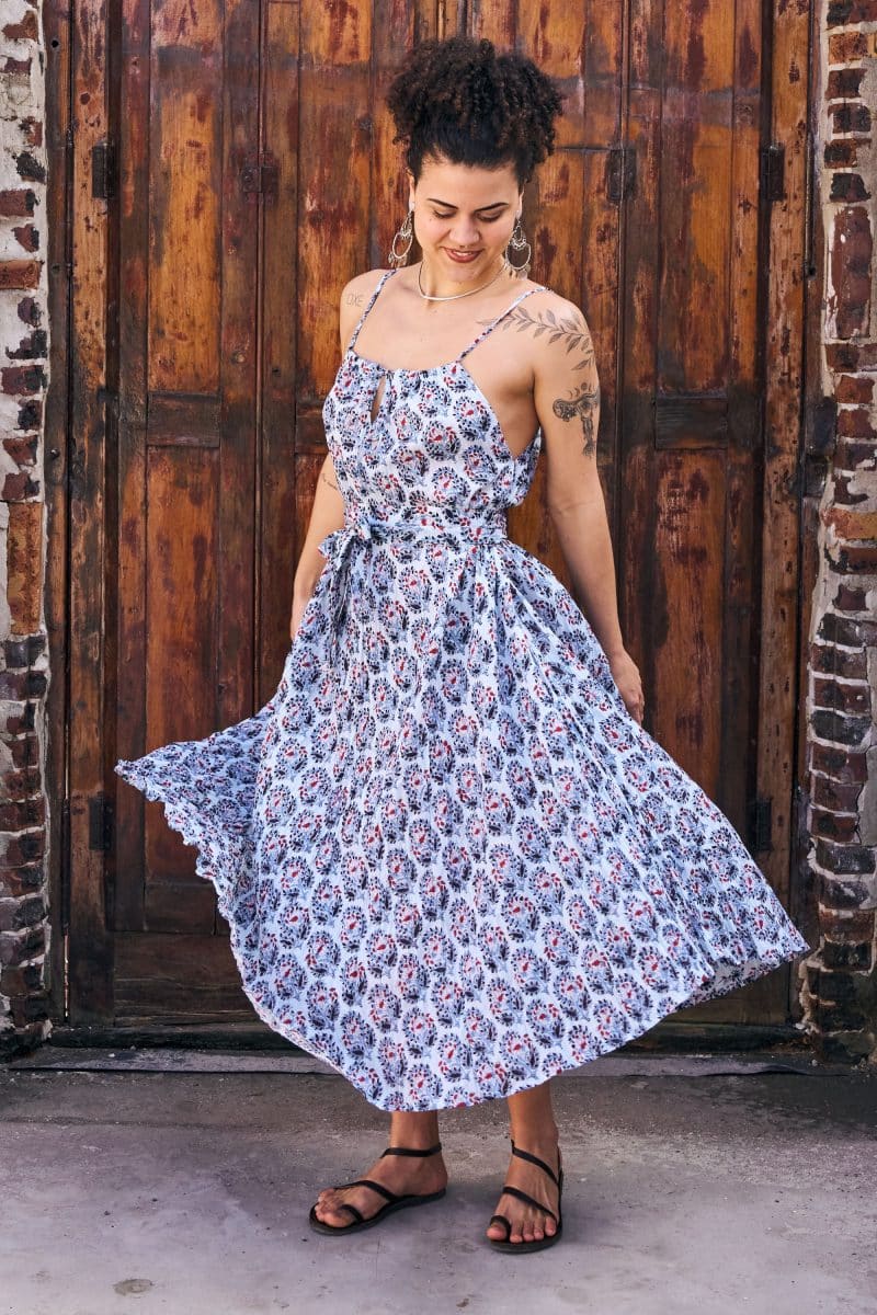 Womens, midi, maxi, Aveline Dress, spaghetti straps, spiral swing, 100% Cotton, hand block print. Saphire Blue - Saphira