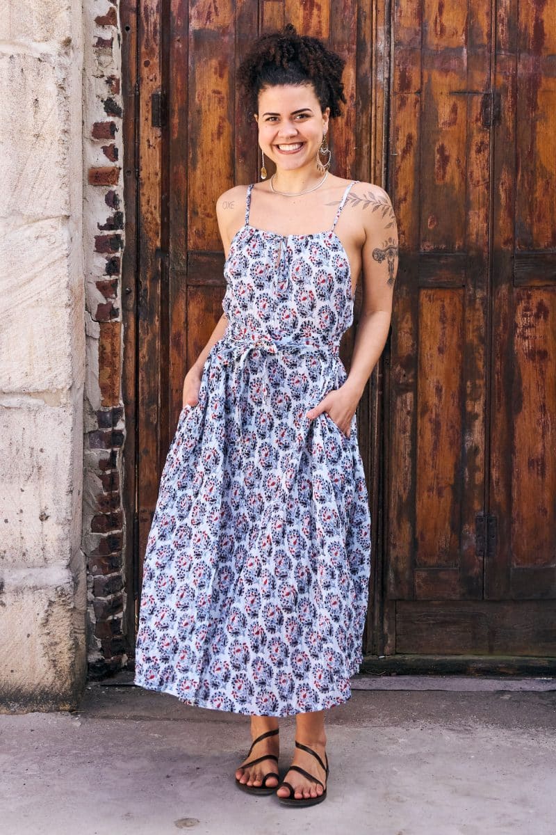 Womens, midi, maxi, Aveline Dress, spaghetti straps, spiral swing, 100% Cotton, hand block print. Saphire Blue - Saphira