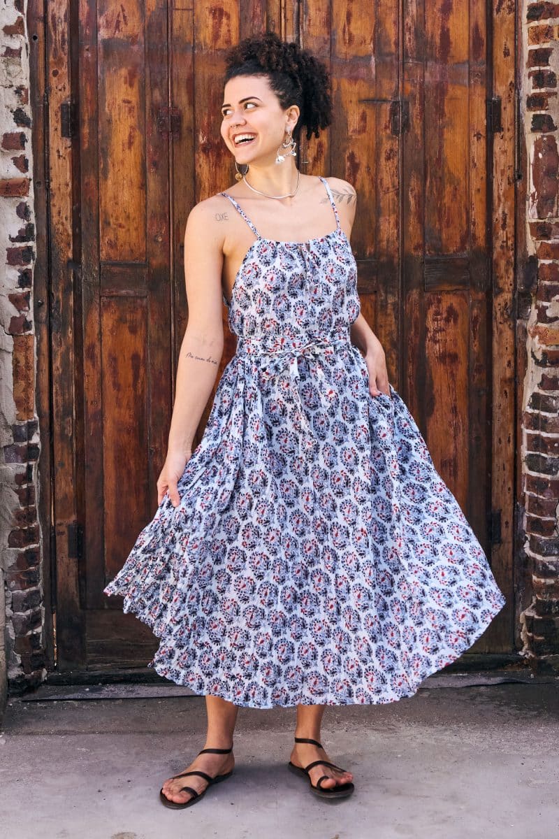 Womens, midi, maxi, Aveline Dress, spaghetti straps, spiral swing, 100% Cotton, hand block print. Saphire Blue - Saphira