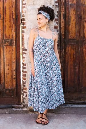 Womens, midi, maxi, Aveline Dress, spaghetti straps, spiral swing, 100% Cotton, hand block print. Saphire Blue - Saphira