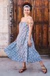 Womens, midi, maxi, Aveline Dress, spaghetti straps, spiral swing, 100% Cotton, hand block print. Saphire Blue - Saphira