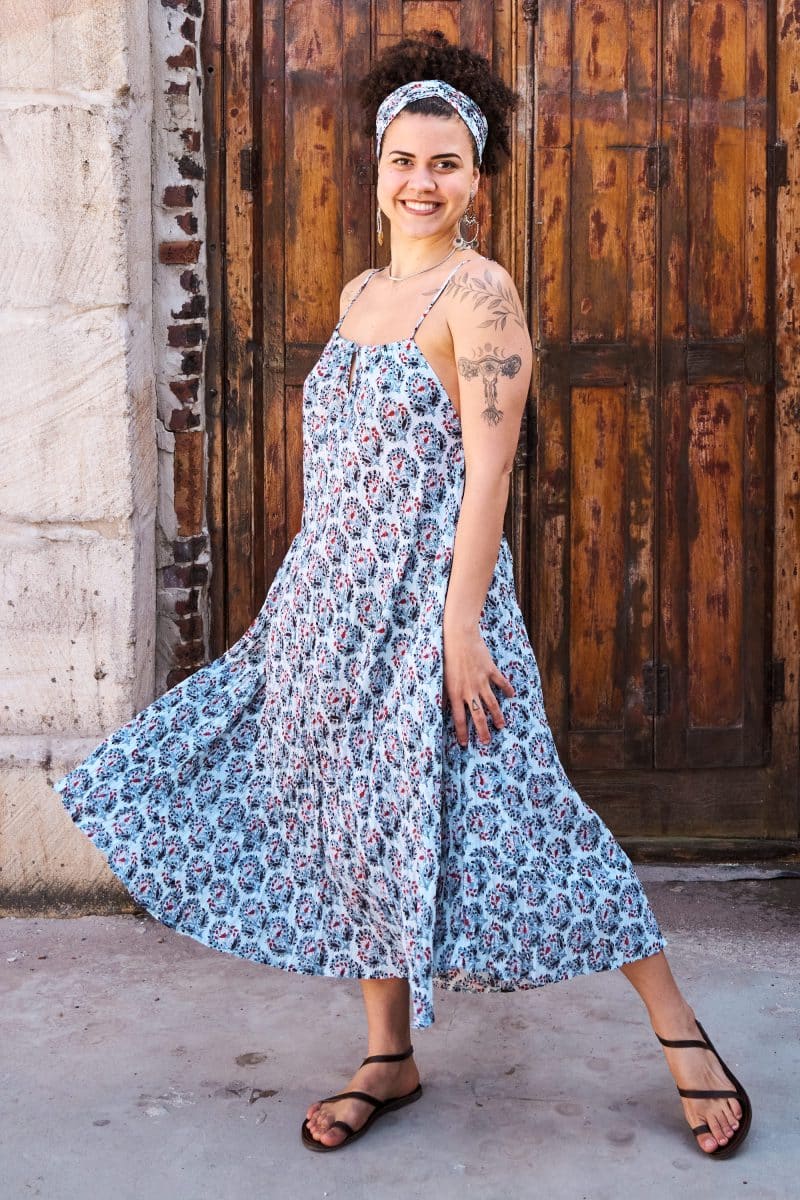 Womens, midi, maxi, Aveline Dress, spaghetti straps, spiral swing, 100% Cotton, hand block print. Saphire Blue - Saphira