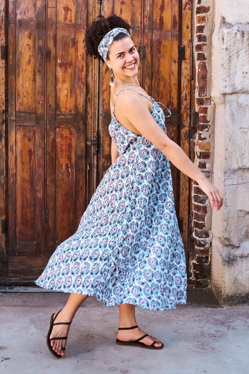 Womens, midi, maxi, Aveline Dress, spaghetti straps, spiral swing, 100% Cotton, hand block print. Saphire Blue - Saphira