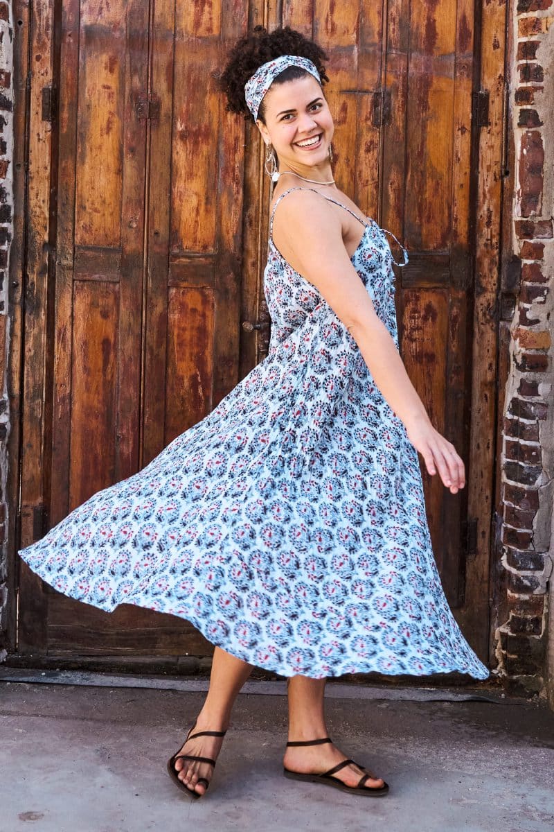 Womens, midi, maxi, Aveline Dress, spaghetti straps, spiral swing, 100% Cotton, hand block print. Saphire Blue - Saphira