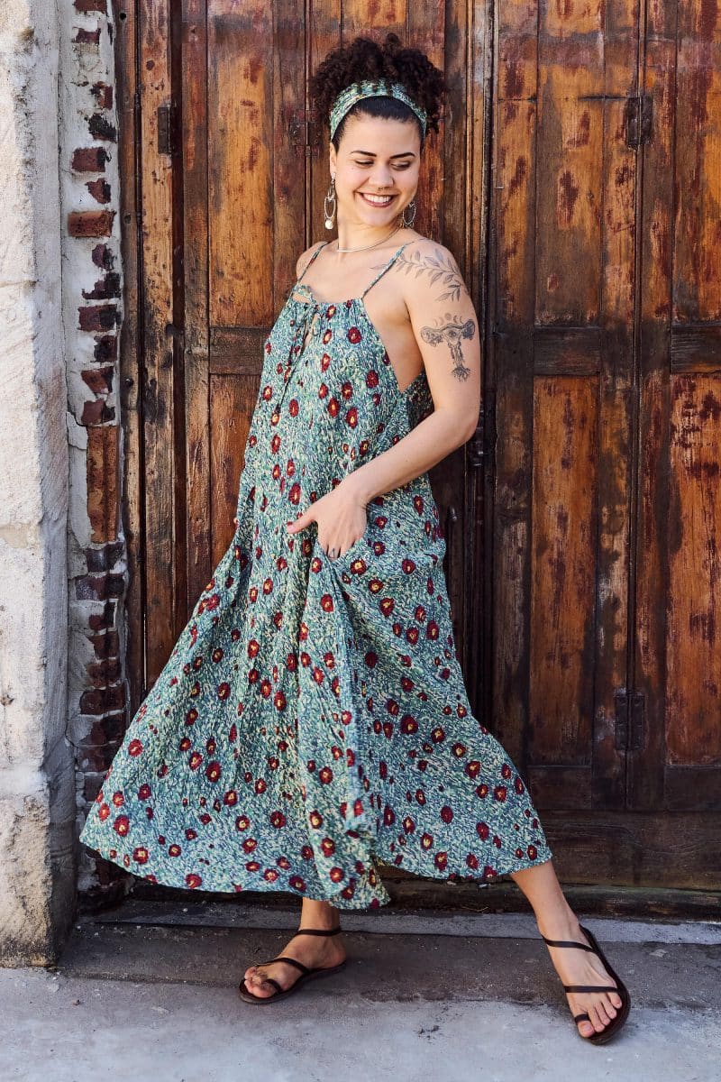 Womens, midi, maxi, Aveline Dress, spaghetti straps, spiral swing, 100% Cotton, hand block print. Blue with pops of red - Allegra