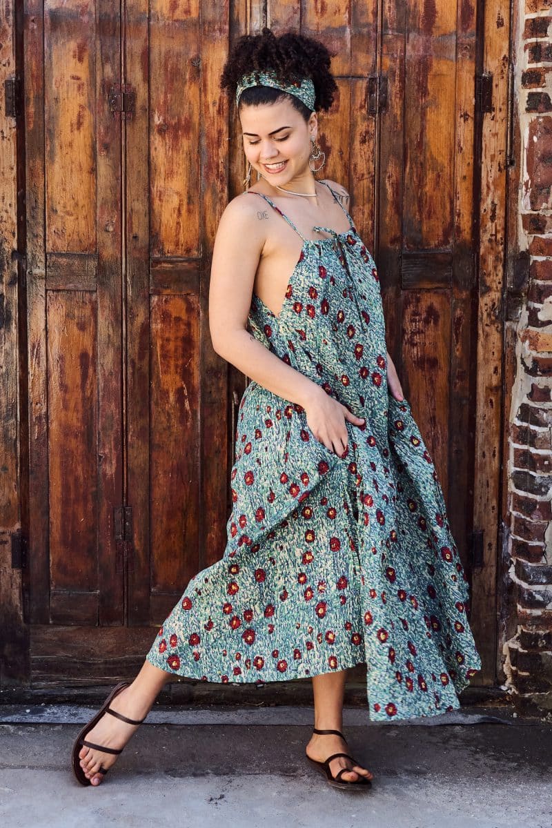 Womens, midi, maxi, Aveline Dress, spaghetti straps, spiral swing, 100% Cotton, hand block print. Blue with pops of red - Allegra