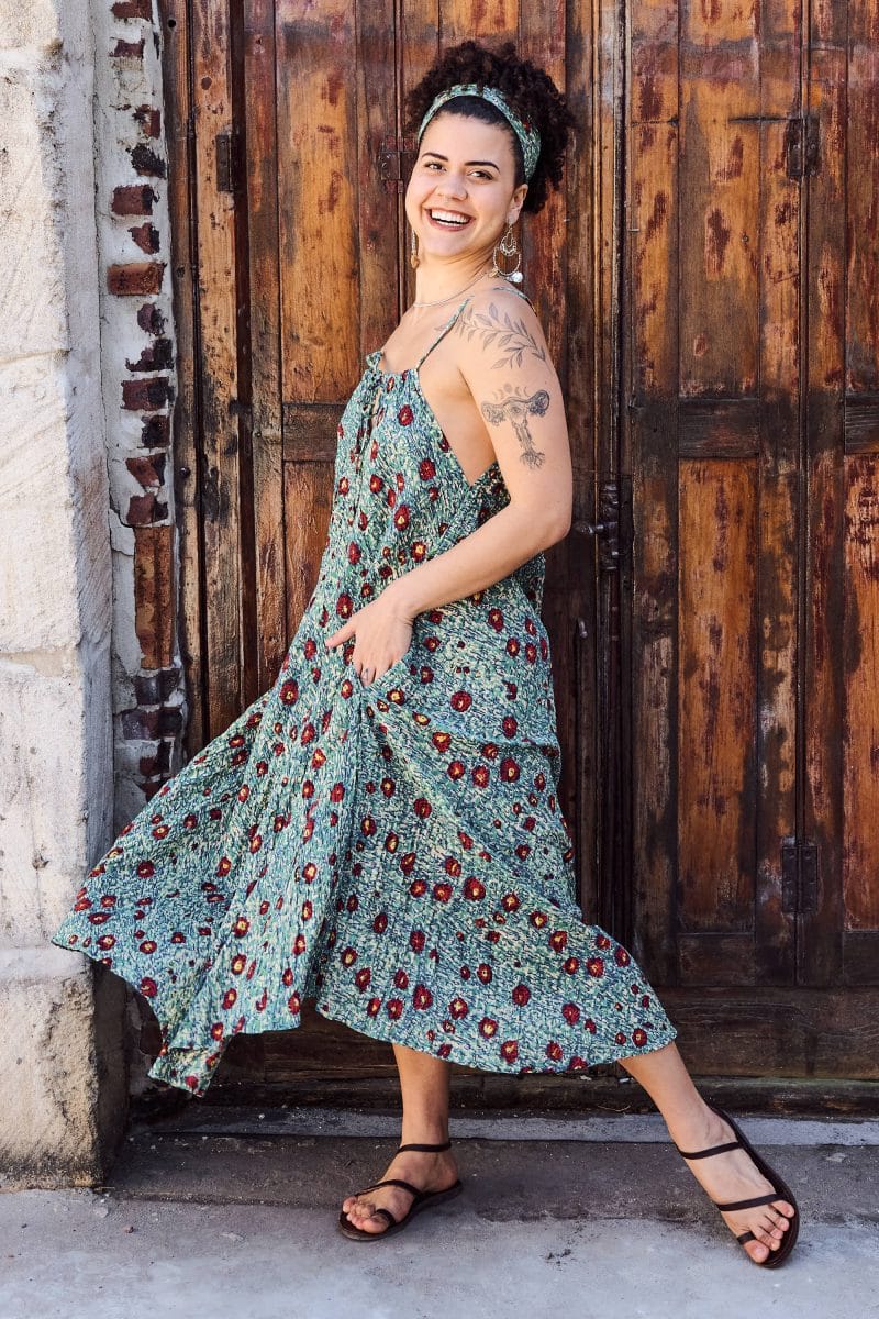 Womens, midi, maxi, Aveline Dress, spaghetti straps, spiral swing, 100% Cotton, hand block print. Blue with pops of red - Allegra