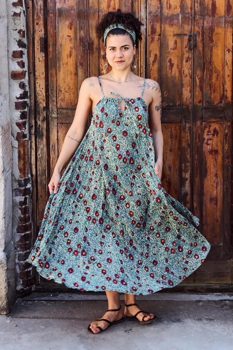 Womens, midi, maxi, Aveline Dress, spaghetti straps, spiral swing, 100% Cotton, hand block print. Blue with pops of red - Allegra