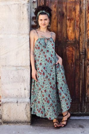 Womens, midi, maxi, Aveline Dress, spaghetti straps, spiral swing, 100% Cotton, hand block print. Blue with pops of red - Allegra