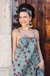 Womens, midi, maxi, Aveline Dress, spaghetti straps, spiral swing, 100% Cotton, hand block print. Blue with pops of red - Allegra