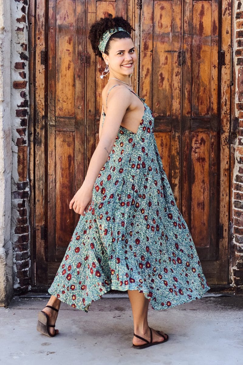 Womens, midi, maxi, Aveline Dress, spaghetti straps, spiral swing, 100% Cotton, hand block print. Blue with pops of red - Allegra