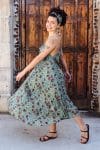 Womens, midi, maxi, Aveline Dress, spaghetti straps, spiral swing, 100% Cotton, hand block print. Blue with pops of red - Allegra