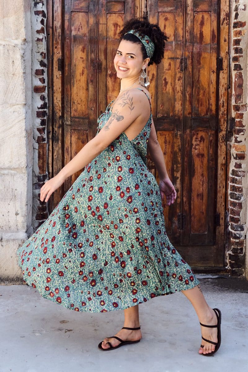 Womens, midi, maxi, Aveline Dress, spaghetti straps, spiral swing, 100% Cotton, hand block print. Blue with pops of red - Allegra