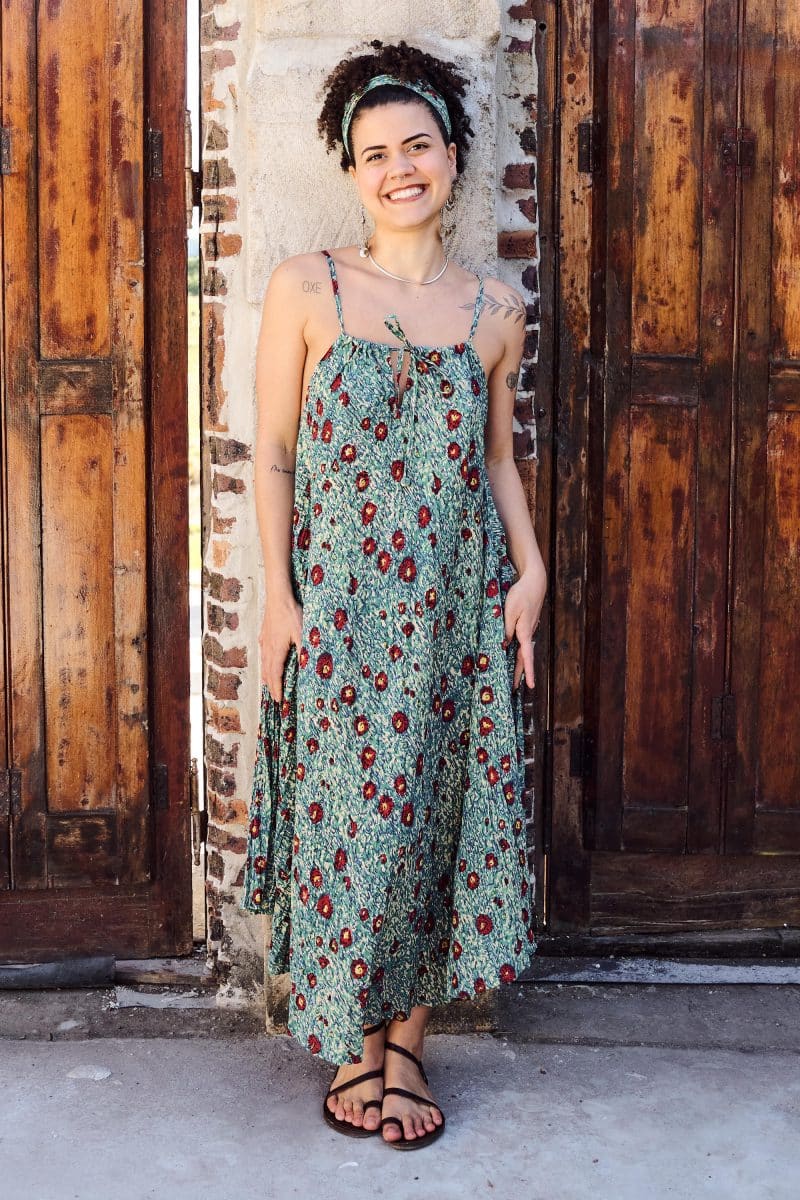 Womens, midi, maxi, Aveline Dress, spaghetti straps, spiral swing, 100% Cotton, hand block print. Blue with pops of red - Allegra
